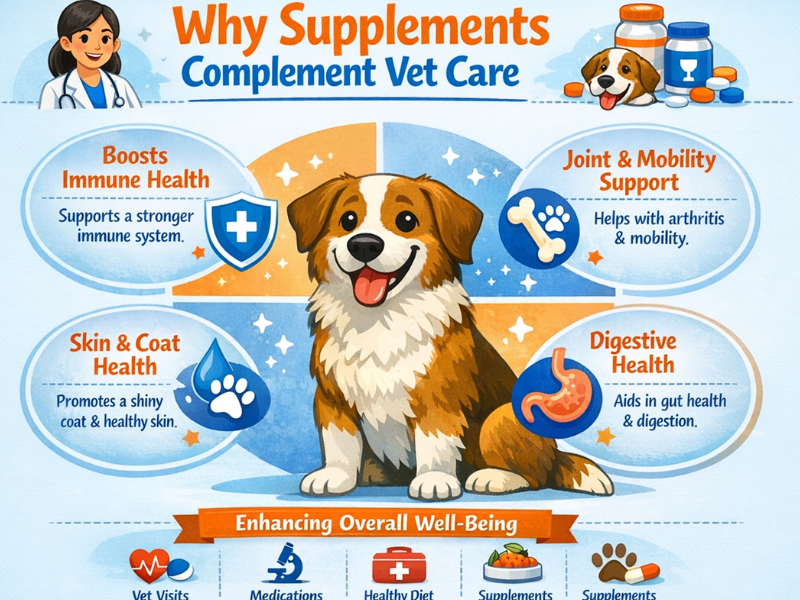 Why supplements complement veterinary care for dogs, showing immune, joint, skin, and digestive health benefits with a veterinarian and healthy dog illustration.
