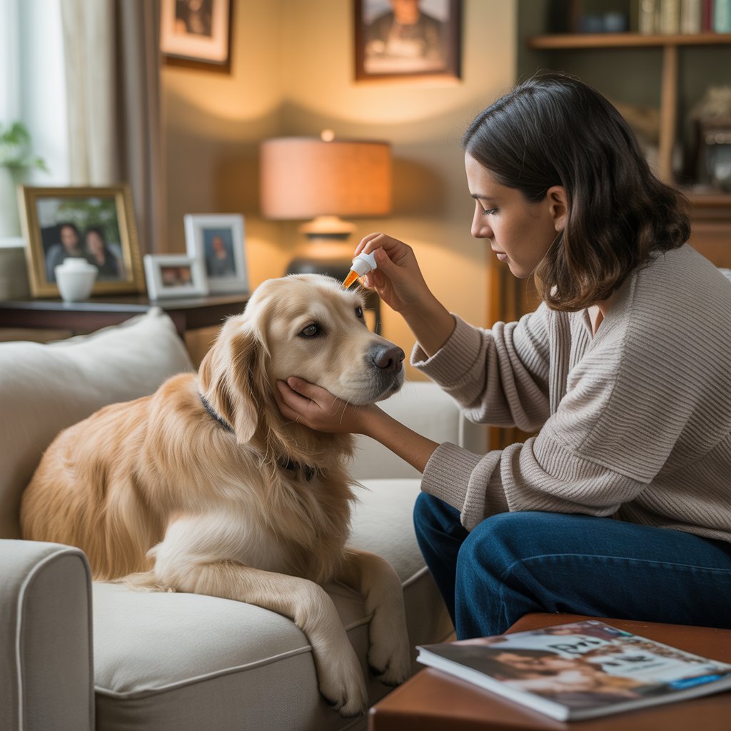 A woman carefully applying ear drops to a Golden Retriever dog sitting on a sofa at home