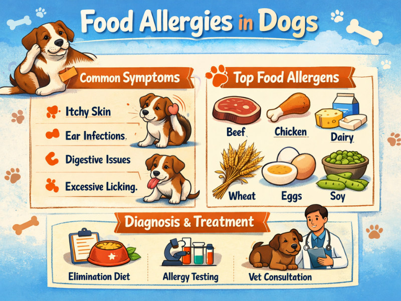 Food allergies in dogs infographic showing common symptoms like itchy skin and ear infections, top food allergens including beef, chicken, dairy, wheat, eggs, and soy, and diagnosis options such as elimination diet and allergy testing
