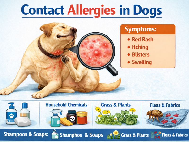 Contact allergies in dogs showing a dog scratching irritated skin with red rash caused by grass, shampoos, chemicals, and environmental contact allergens.