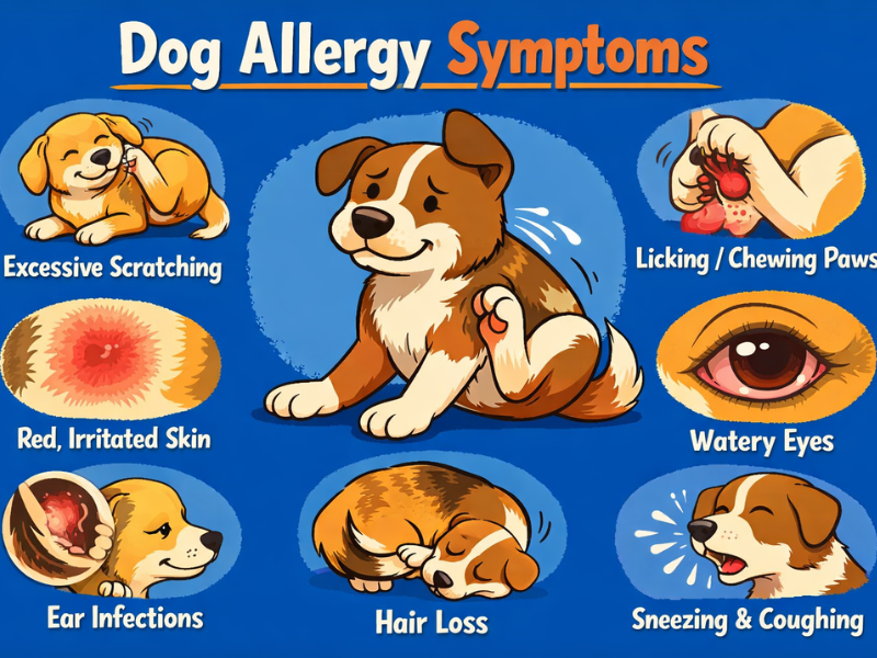 Dog showing common allergy symptoms including itchy skin, red paws, ear inflammation, sneezing, and watery eyes