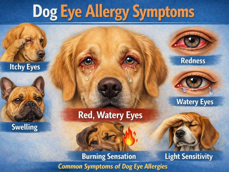 Illustration showing dog eye allergy symptoms including red watery eyes, itching, swelling, redness, burning sensation, and light sensitivity in dogs