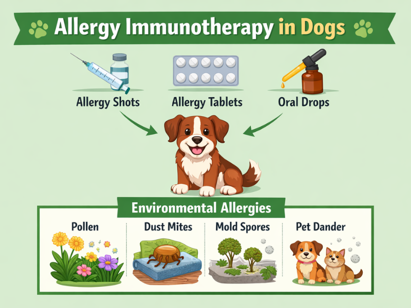 "Allergy Immunotherapy in Dogs infographic showing allergy shots, tablets, and oral drops for environmental allergies like pollen, dust mites, mold, and pet dander."