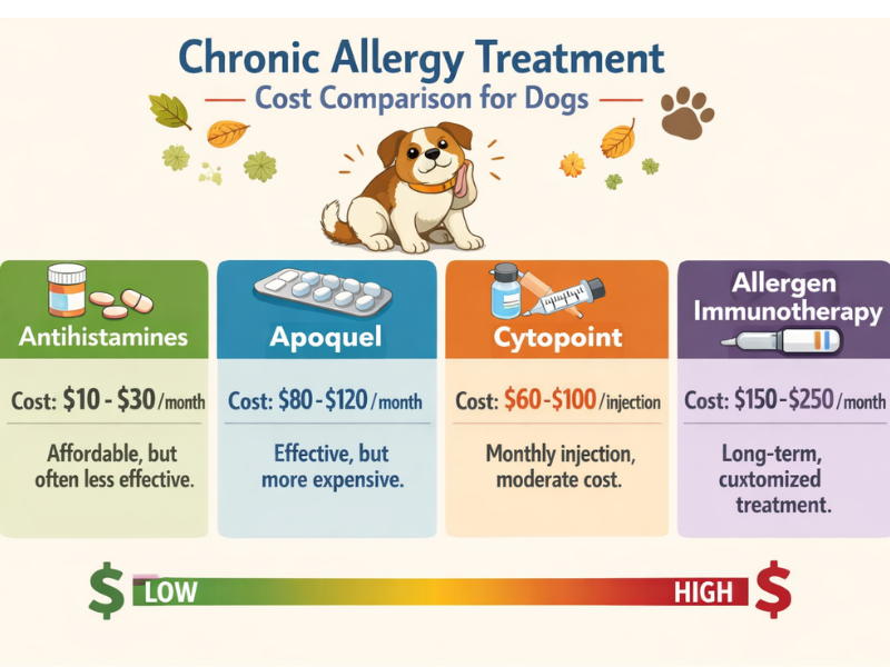 Infographic comparing chronic allergy treatment costs for dogs, including antihistamines, Apoquel, Cytopoint injections, and allergen immunotherapy