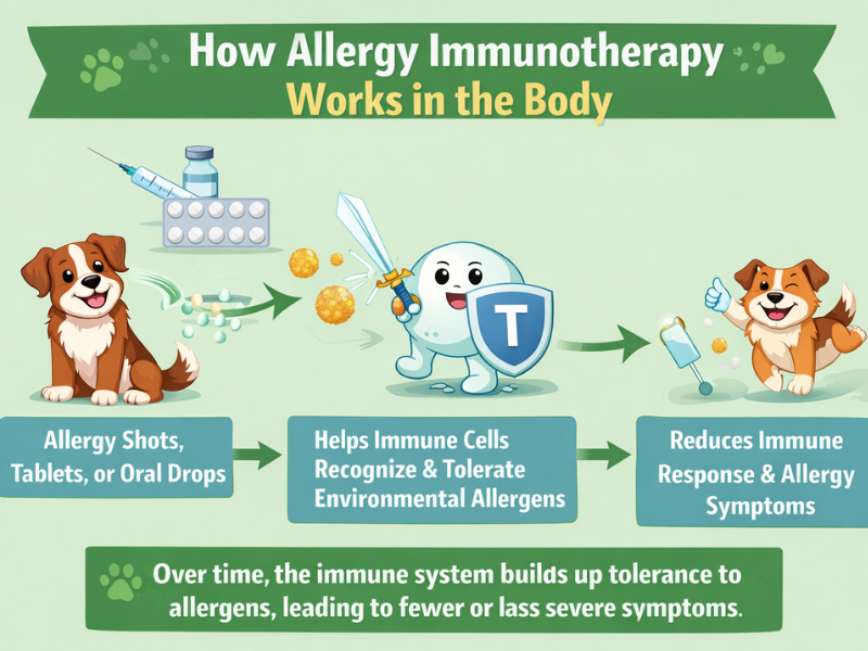"How allergy immunotherapy works in dogs, showing allergy shots, tablets, or oral drops helping immune cells recognize allergens and reduce allergy symptoms."