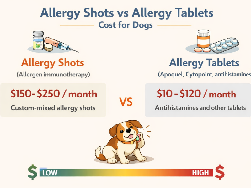 Allergy shots vs allergy tablets cost comparison for dogs, showing monthly prices for immunotherapy injections and oral allergy medications