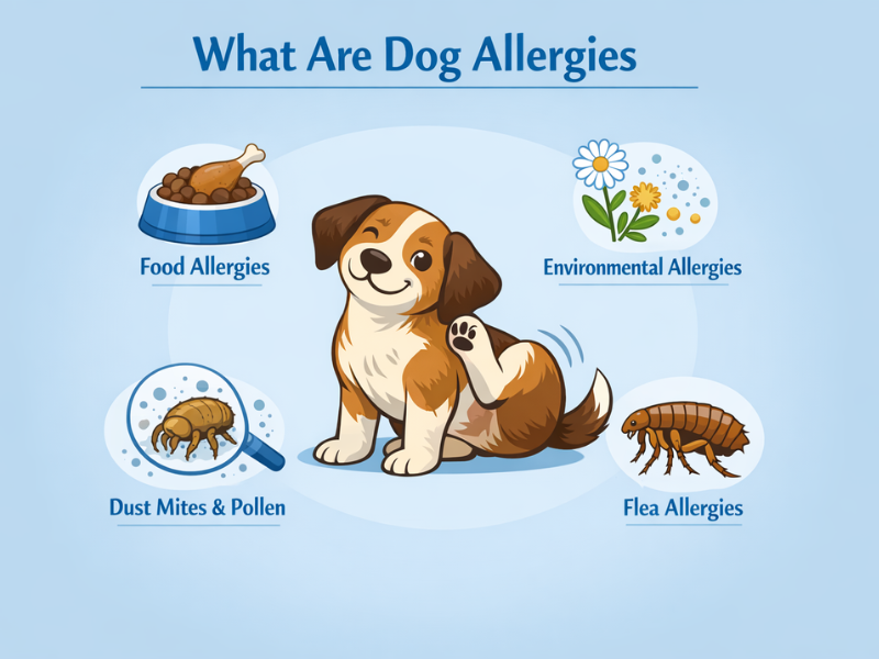 What are dog allergies infographic showing food, environmental, dust mite, pollen, and flea allergy causes with an illustrated dog