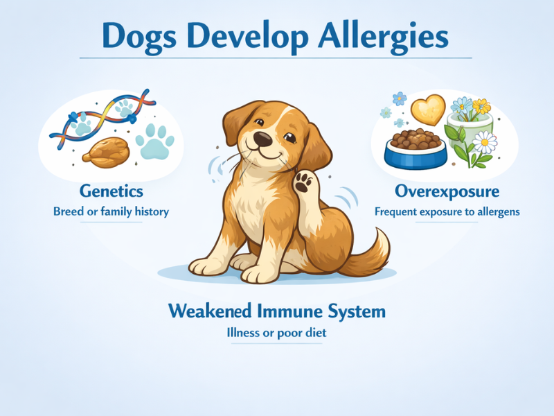 Dogs develop allergies infographic showing genetics, overexposure to allergens, and weakened immune system causes