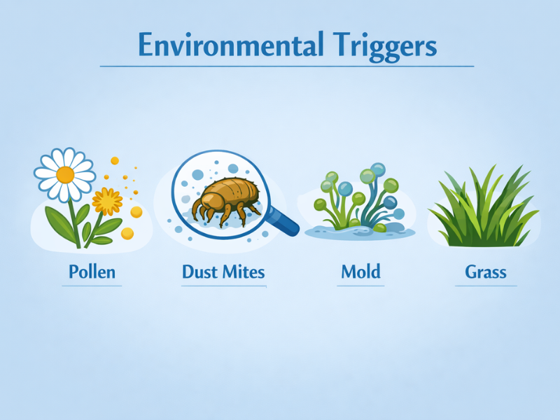 Environmental triggers for dog allergies showing pollen, dust mites, mold, and grass allergens in an educational infographic