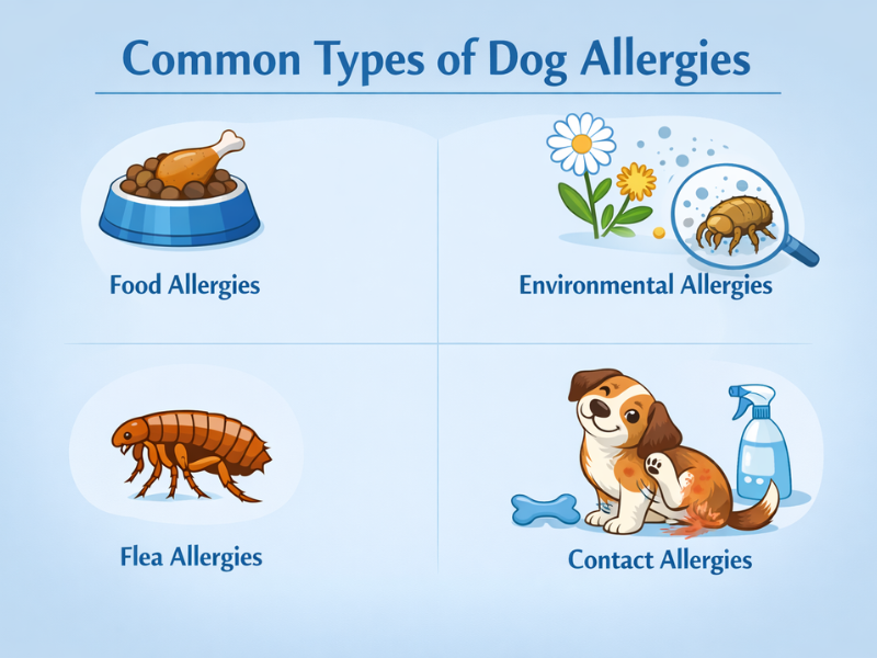 infographic showing food allergies, environmental allergies, flea allergy dermatitis, and dust mite allergens
