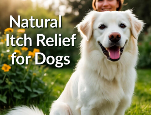 Healthy white dog in garden after natural itch relief treatment