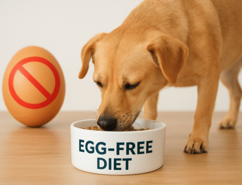 Dog eating hypoallergenic egg-free food to prevent egg allergy symptoms and itching.