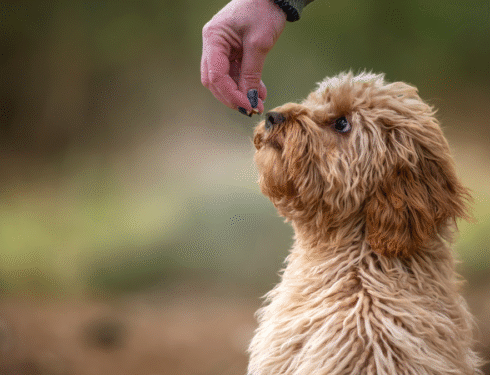 Owner offering allergy-safe dog treat to brown dog in natural setting