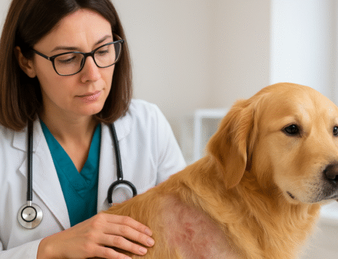 Female veterinarian examining a Golden Retriever with hair loss on its back, checking for skin allergies and irritation.