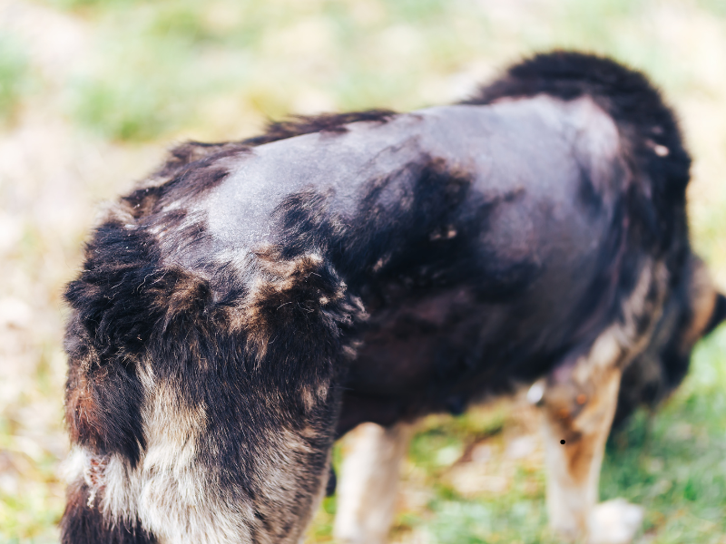 Dog with patchy hair loss on back due to common dog skin disea