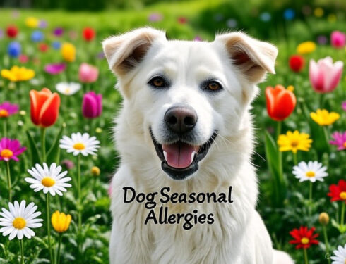 White dog in garden with flowers showing seasonal allergies