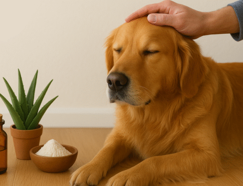 A golden retriever sits calmly with eyes closed, as a hand gently pets its head. Nearby, there's an aloe plant, a jar, and a bowl of white powder, suggesting a soothing, natural setting.