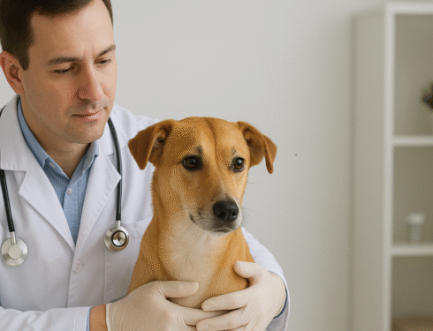 Professional veterinarian examining a dog for skin allergy treatment in a clinic