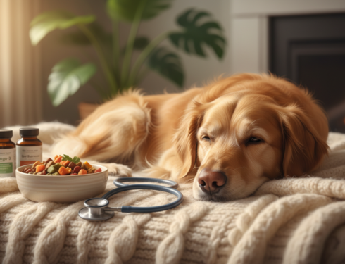 Dog with allergy-friendly food and supplements showing safe treatments for dog allergies