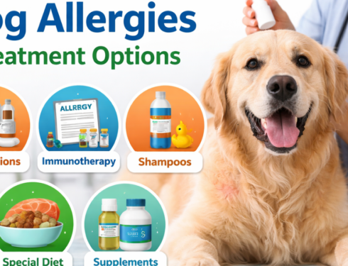 Dog allergies treatment image showing a veterinarian examining a dog with visual icons for medications, immunotherapy, shampoos, special diet, and supplements