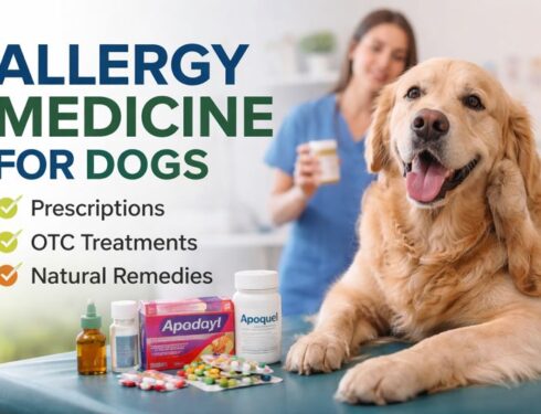 Golden retriever scratching its ear on vet exam table with allergy medications including Apoquel and Benadryl, representing allergy medicine for dogs