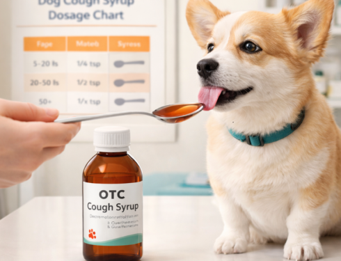 Small dog safely taking OTC cough syrup from a spoon at a vet clinic with dosage chart in background.
