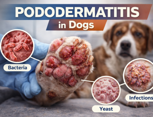 Pododermatitis in dogs showing inflamed red paws with swelling and irritation between toes