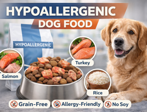 Hypoallergenic dog food with salmon, turkey, and rice ingredients for dogs with allergies