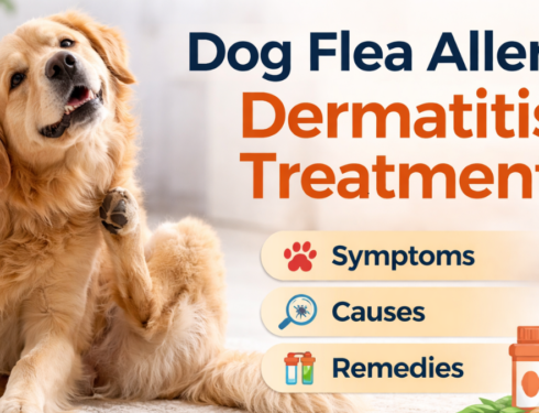 Golden retriever scratching due to flea allergy dermatitis, highlighting symptoms, causes, and treatments for dog flea allergy dermatitis treatment