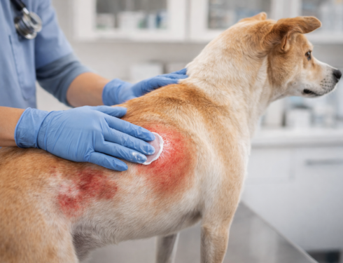 Dog skin rash treatment – veterinarian applying soothing cream on a dog’s irritated red skin