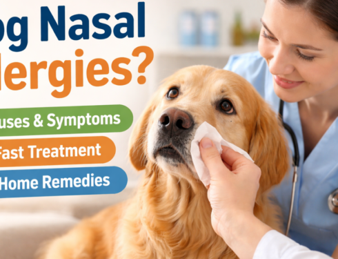Veterinarian checking a dog with nasal allergies showing runny nose and sneezing symptoms